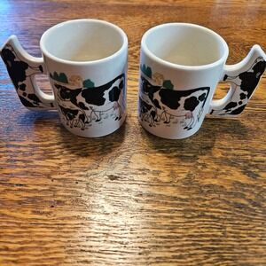 Vintage Style Holstein Cow Ceramic Mugs with Figural Cow Handles Set of 2